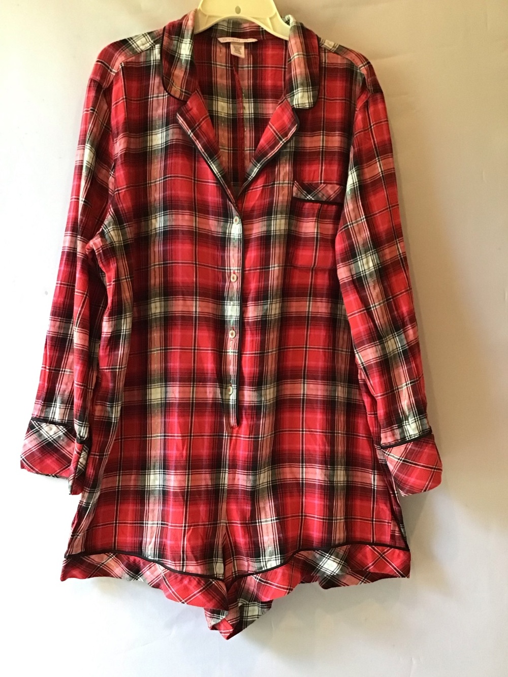 483 . Victoria's Secret Red Plaid Button-Front Sleep Romper